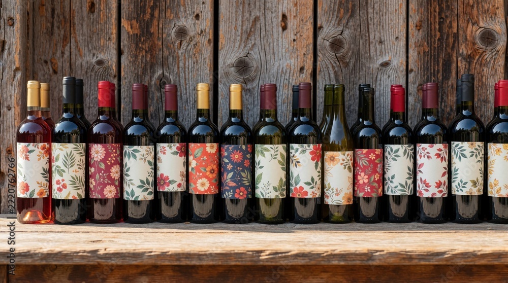 Fototapeta premium Various wine bottles with blank floral labels stand in row on wooden table. Different shapes, sizes of glass bottles with colorful pattern stickers against rustic timber background. Collection of