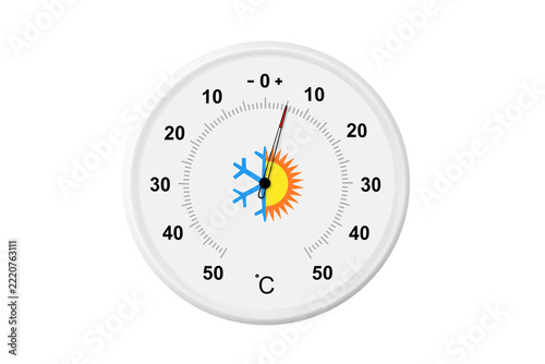 Circular celsius scale thermometer on a white background. Ambient temperature plus 5 degrees celsius