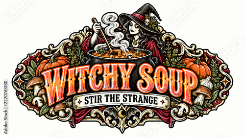 Witch Stirs Bubbling Cauldron Soup with Ladle Mushrooms and Pumpkins, Creepy Holiday Illustration, Spooky Vintage Design, Classic Halloween Style