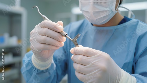 A surgeon in a mask and sterile gloves holding metallic surgical tools in an operating room, illustrating medical procedures, clinical care, and hospital equipment