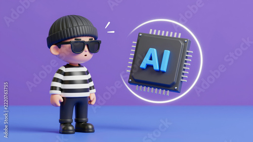 Burglar Figurine Confronting AI Chip - Striped Shirt, Beanie, and Glowing Cyber Technology on Purple Studio Background for Cybersecurity Awareness, Digital Fraud Prevention, and AI Crime Concepts