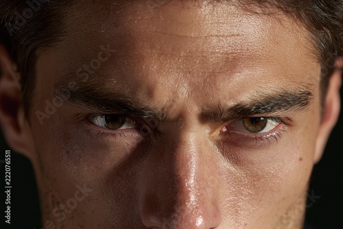 Intense male eyes fixed directly on camera under strong side lighting creating deep shadows and defined facial contours, visible forehead wrinkles