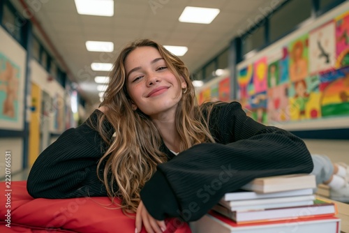 Teenage girl with wavy blonde hair smiling while resting on a red cushioned bench in a school hallway, surrounded by colorful student artwork