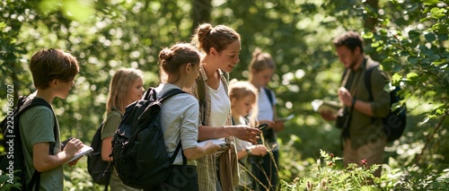 Teacher guiding a group of students through a dense green forest during a nature trip, students holding notebooks and magnifying glasses, sunlight filtering through the tree canopy illuminating