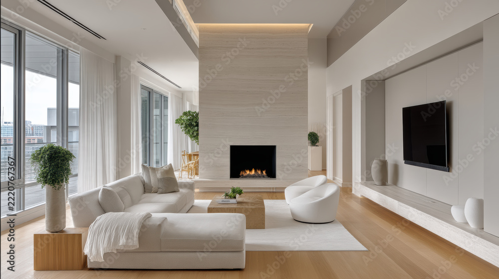 Naklejka premium Modern living room with white sofa, armchairs, fireplace, wood floor, large windows, indoor plants, and minimalist decor create serene atmosphere