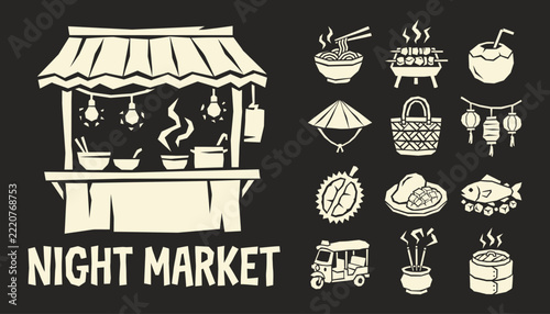 Thailand Night Market Street Food Stall and Cultural Icon Set