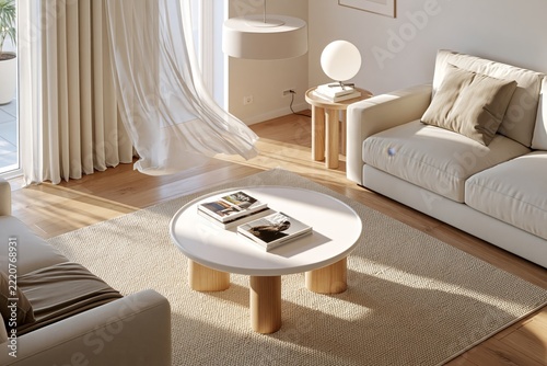 Beige sofa couch positioned beside a round white coffee table with magazines on top, wooden legs supporting the table, textured beige rug underfoot