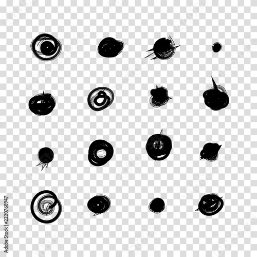 Scribble doodle circle and point. Collection black shapes dots and drops. Set of hand drawn doodle circles in a grunge style. Vector illustration for bullet journal. Transparent background.
