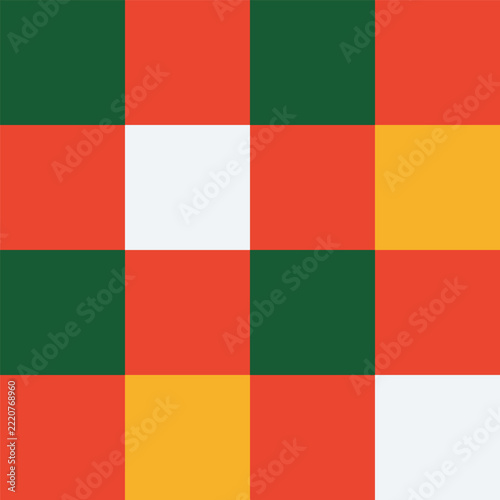 Vibrant seamless checkered grid pattern for Xmas, Christmas, and Happy New Year. Squares in festive colors create a geometric vector design. Ideal for holiday themed wallpapers and background