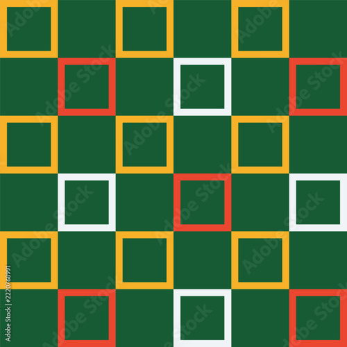 Seamless check grid linear pattern in festive Xmas and New Year colors. Square, block, tile, and quadrant shapes in Memphis style. Geometric vector holiday background with modern, cheerful aesthetics