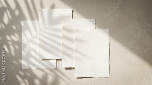 Minimal White Paper Sheets with Tropical Leaf Shadows on Neutral Tabletop