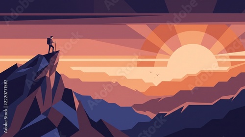 Geometric mountain hiker silhouette at sunrise, minimalist landscape illustration of achievement, purple and orange sunset over mountain peaks
