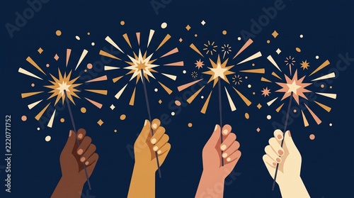 Festive sparklers held by diverse hands, celebratory night scene with glowing fireworks, inclusive holiday celebration illustration on dark blue background