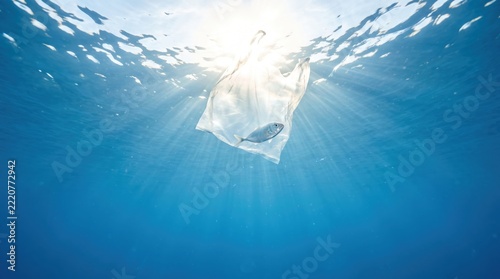 Plastic Bag Floating Underwater with Sunlight and Fish in the Ocean Environment