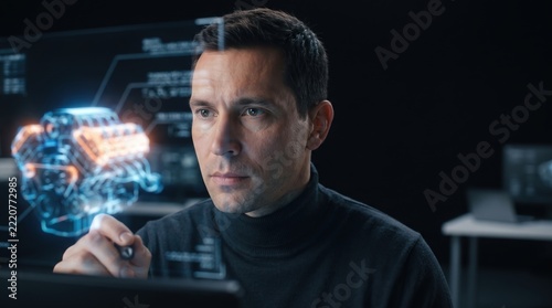 Focused Professional Analyzing Digital Engine Data in Modern Workspace Setup