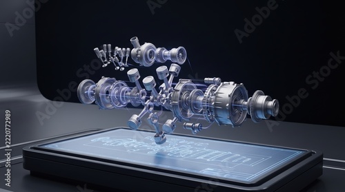 3D visualization of futuristic machine components on digital tablet display