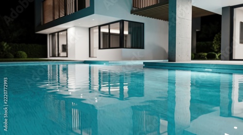 Modern architecture with serene swimming pool reflecting night sky and lights