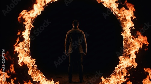 Man Standing in Front of Flaming Circular Portal in Dramatic Dark Environment