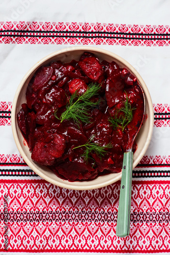 Shpundra. A traditional Ukrainian dish made with pork, beets, and garlic.top veiw.