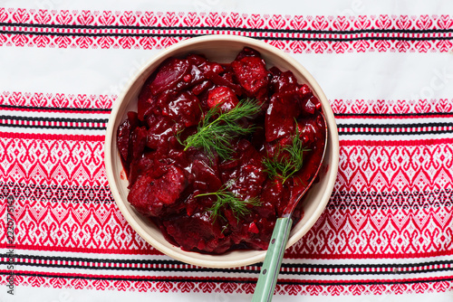 Shpundra. A traditional Ukrainian dish made with pork, beets, and garlic.top veiw.