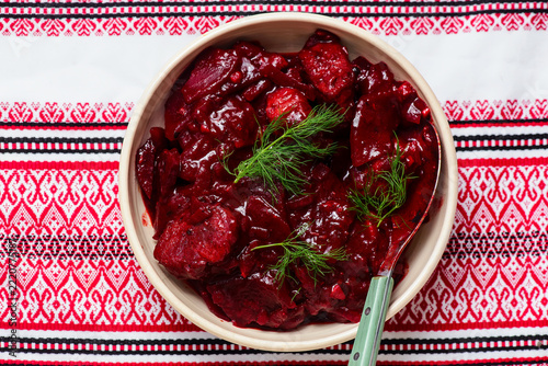 Shpundra. A traditional Ukrainian dish made with pork, beets, and garlic.top veiw.