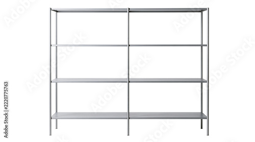 Minimalist silver metal shelving unit with four tiers and thin vertical supports