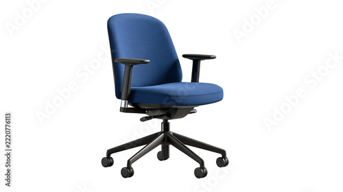 Modern blue fabric office chair with black armrests and rolling casters