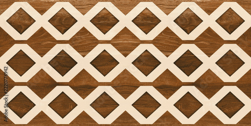 Geometric wood inlay pattern, decorative timber marquetry background, brown wooden tile texture with white diamond lattice design
