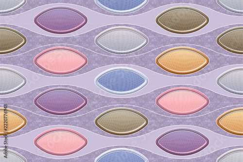 Retro mid-century modern geometric pattern, colorful oval shapes on purple wavy background, abstract seamless wallpaper for interior design