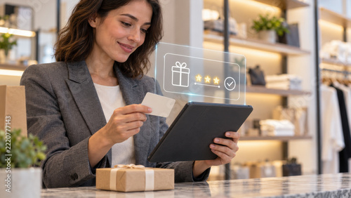 Woman, tablet, card, loyalty reward program with digital gift icon in retail store