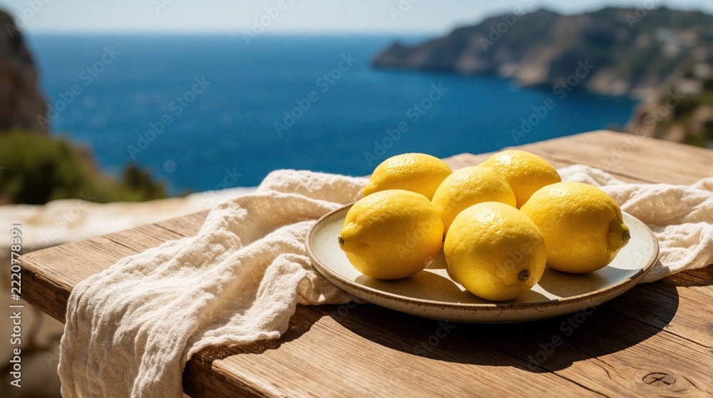 Fototapeta premium Fresh yellow lemons on ceramic plate placed on rustic wooden table. White linen cloth decorates surface near sea view. Sunny summer day at mediterranean coast terrace with blue ocean background,