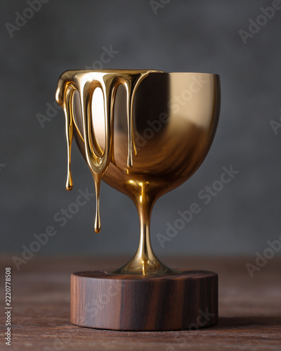 Golden trophy cup with melting liquid gold on wooden base
