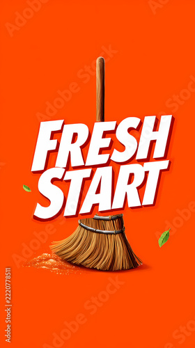 Fresh Start text with broom sweeping dust on orange background