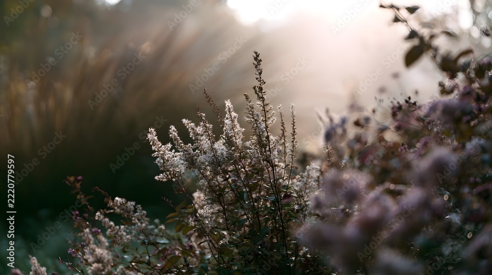 Naklejka premium Sunlight filters through delicate white and purple flowering plants in a soft misty garden setting during golden hour