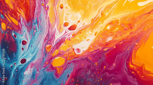 Abstract fluid acrylic paint with orange, magenta and blue swirls
