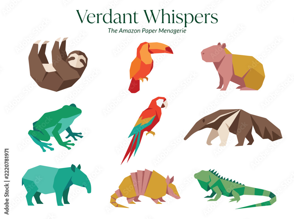 Fototapeta premium A collection of diverse Amazon rainforest animals illustrated in a stylized paper craft aesthetic.