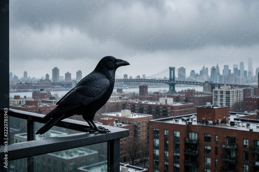 Fototapeta premium Black plastic crow decoy sits on balcony railing. Fake raven scarecrow for bird control protects apartment terrace from pests. Urban city skyline with bridge, skyscrapers in background under cloudy