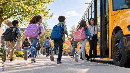 Kids with colorful backpacks hurrying toward yellow school bus along sunny autumn street lined with trees