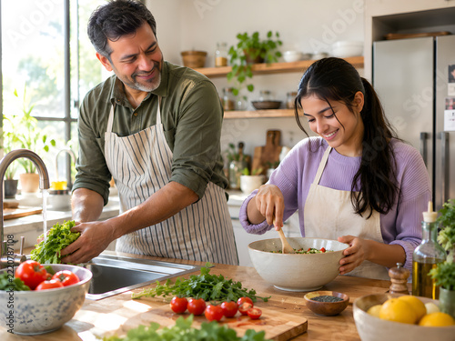Father and teenage daughter cooking together in bright kitchen preparing fresh vegetable salad with tomatoes and lemons
