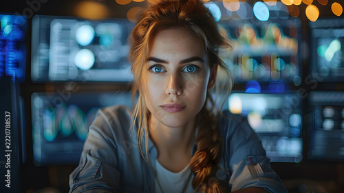 Professional Woman Developer Working in Dark Tech Environment