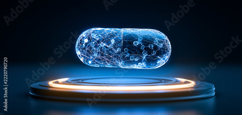 Futuristic digital capsule with revealing intricate networked connections microscopic elements inside translucent capsule suspended over sleek platform