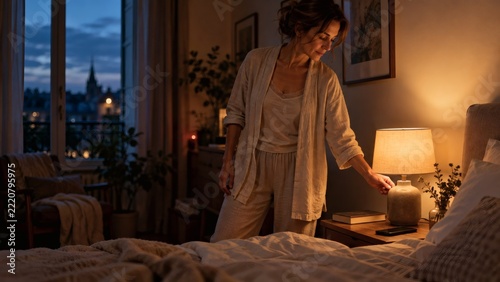 Middle Aged Woman Turning Off Bedside Lamp Before Sleep