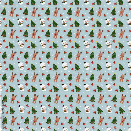 Seamless christmas pattern with cute reindeer snowman and pine trees