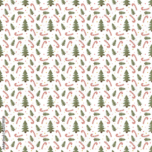 Seamless christmas pattern with pine trees and candy canes for
