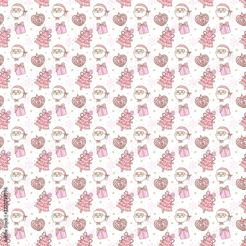 Pink christmas seamless pattern with santa claus faces and festive