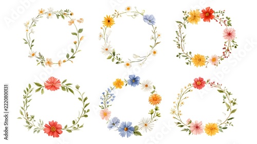 Watercolor wildflower wreath frames and botanical circles set.
