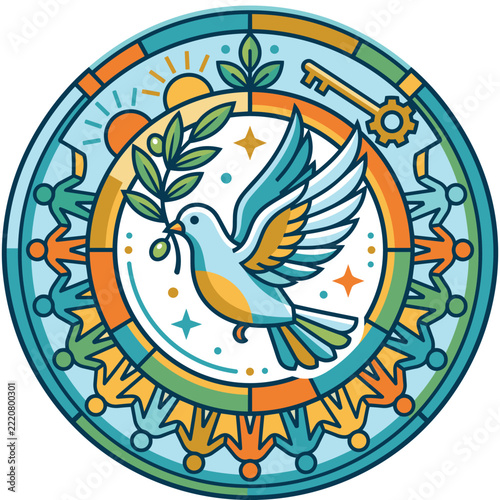 A stained glass style circular design featuring a dove with an olive branch