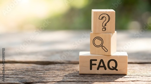 Wooden blocks with FAQ, a magnifying glass, and a question mark symbolizing customer service and information seeking.