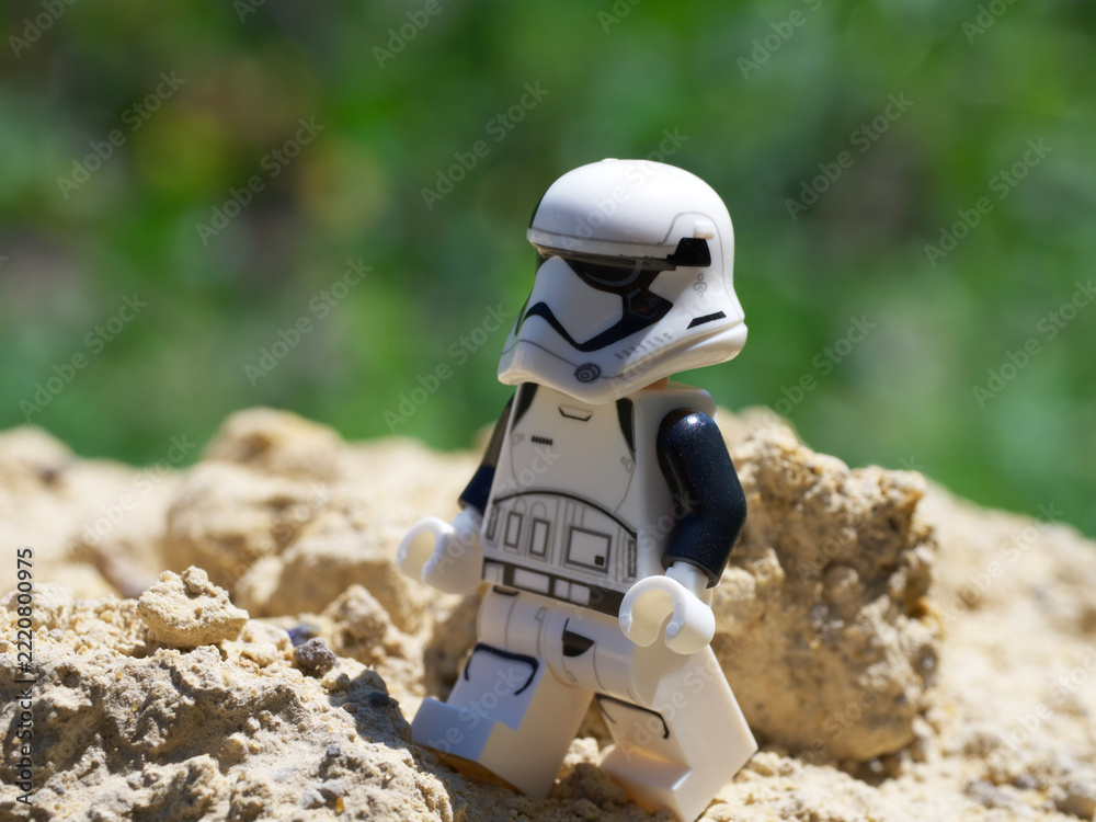Naklejka premium Chernihiv, Ukraine, July 13, 2021. A plastic minifigure of a Star Wars character. Imperial stormtrooper close-up. Illustrative editorial.
