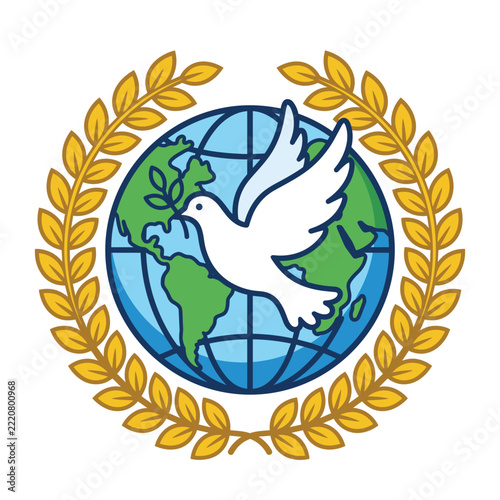 Peace dove flying with olive branch over earth globe surrounded by golden laurel wreath